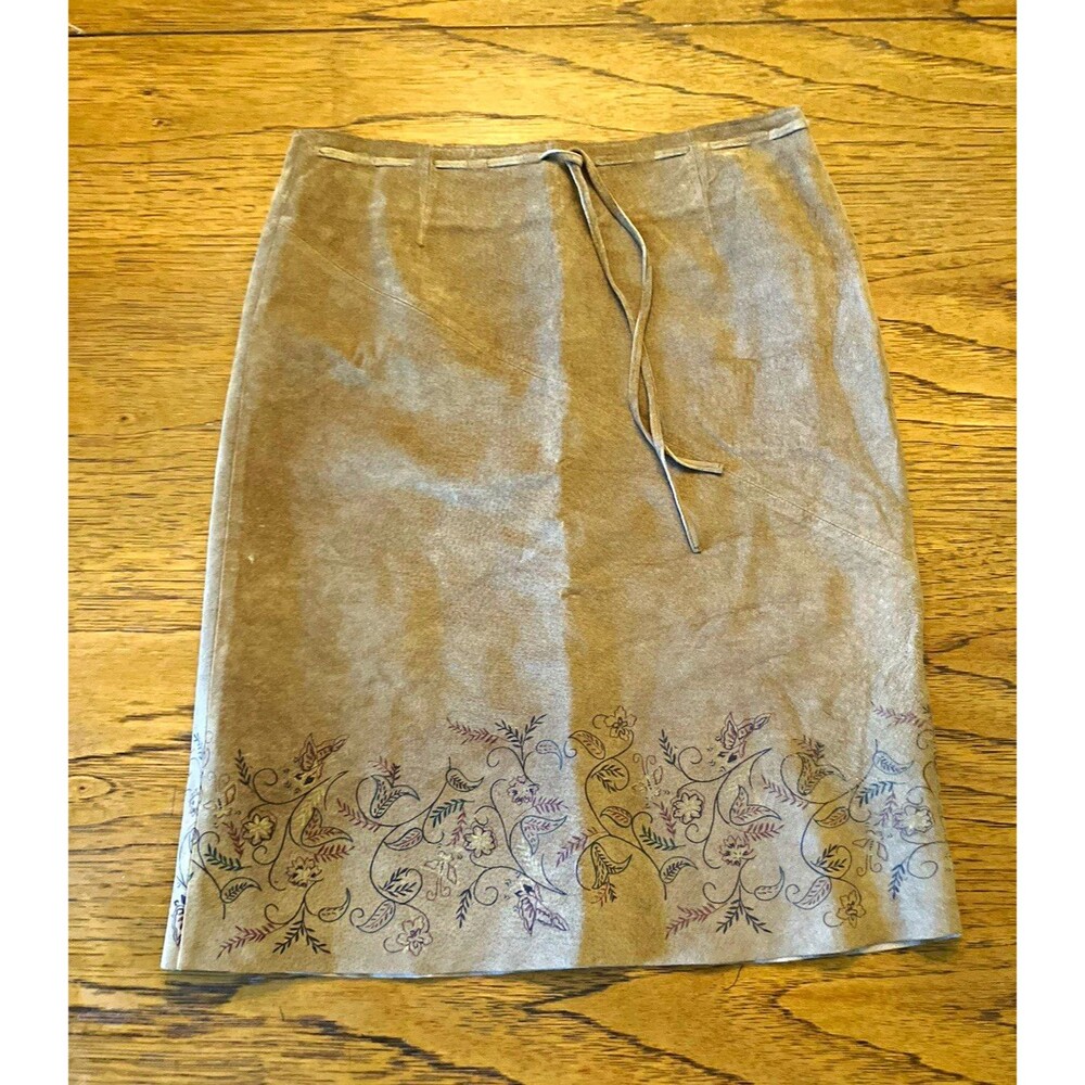 Express Women’s Brown Floral Suede Leather A-Line Knee Skirt Lined Tie 2